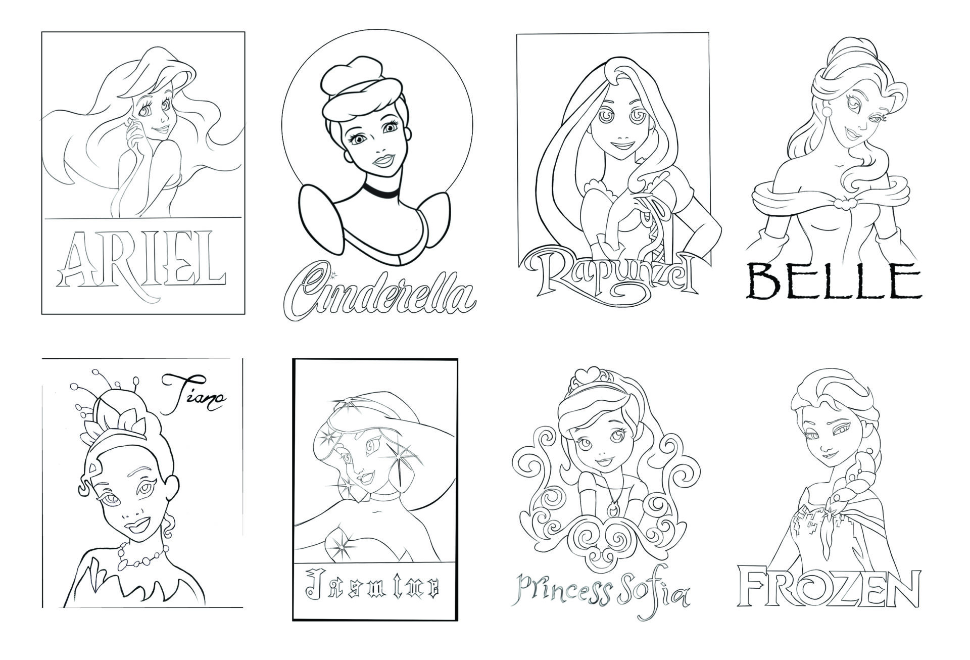 A collage picture of the princess party line art