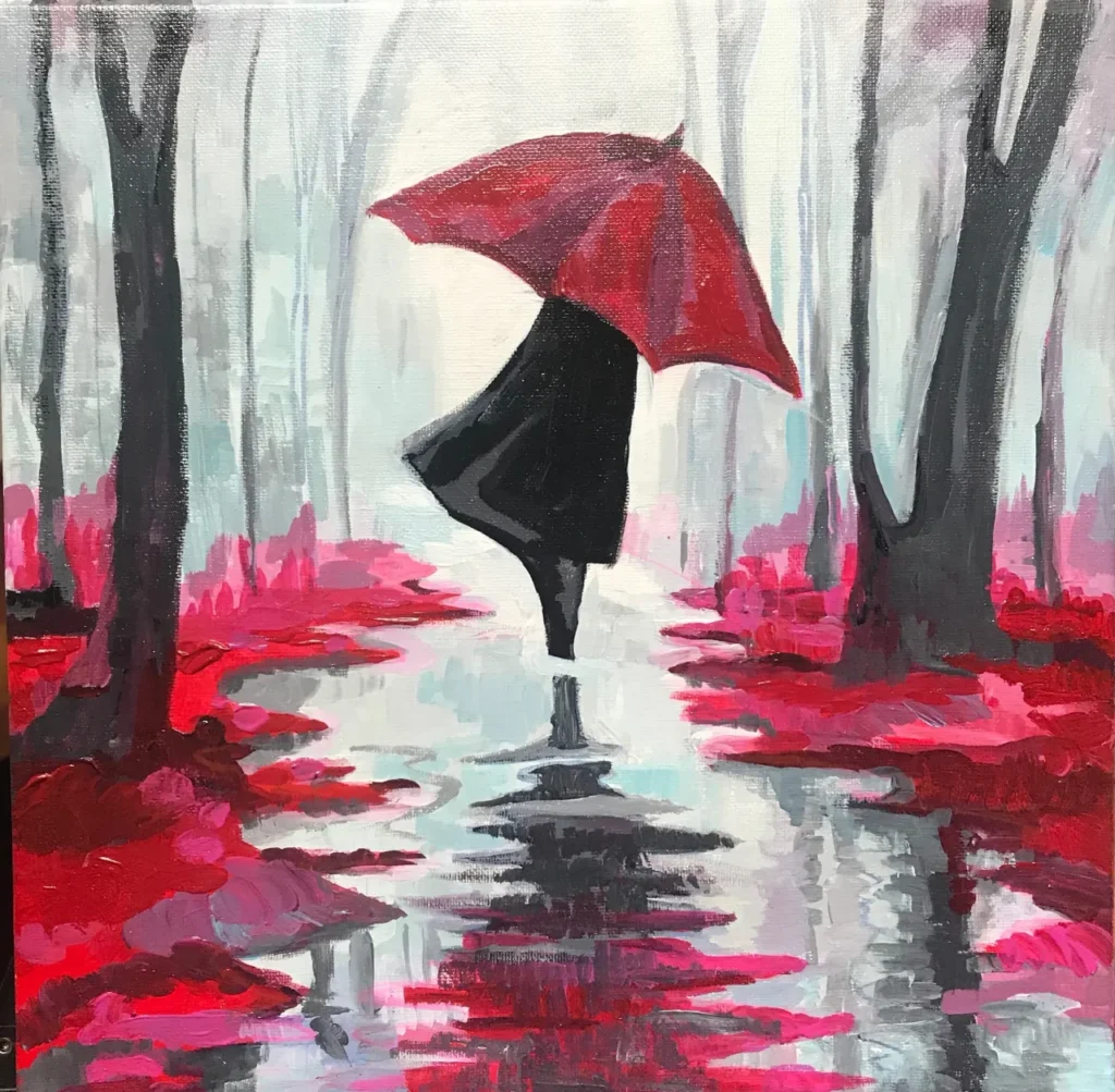 A painting of a person with a red umbrella